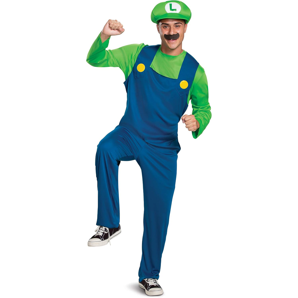 Adult Luigi Costume with Hat and Mustache Size Medium