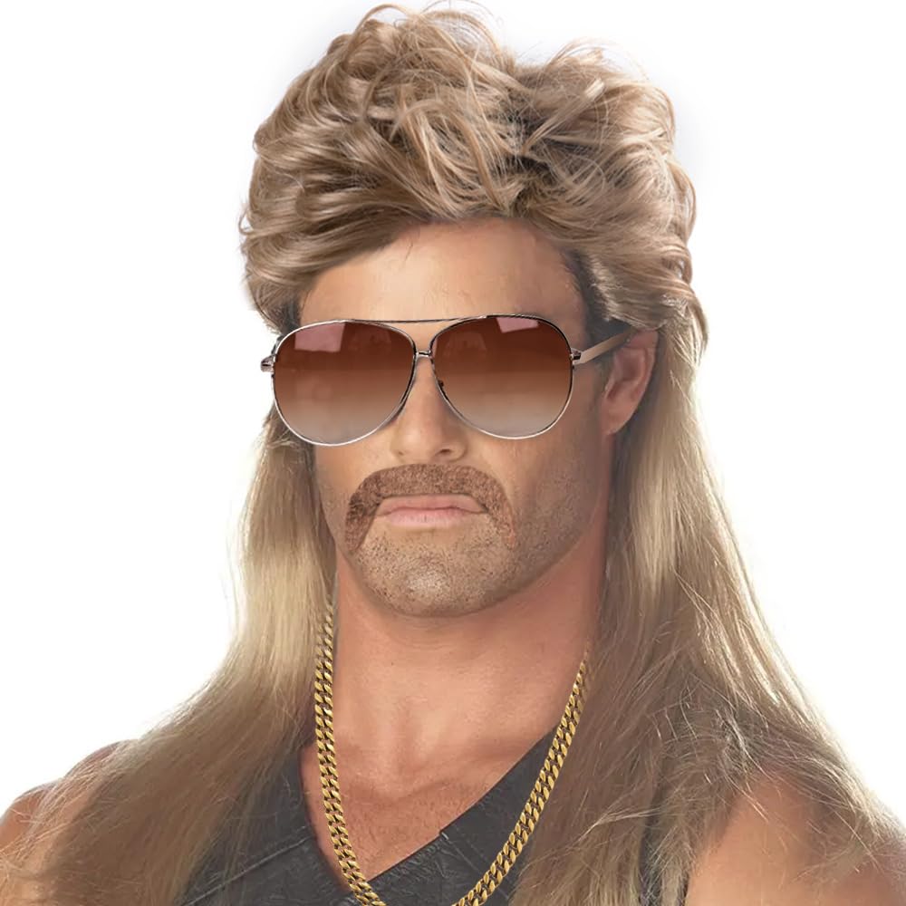 80s Mullet Wig Sunglass Necklace Moustache Halloween Costume for Men