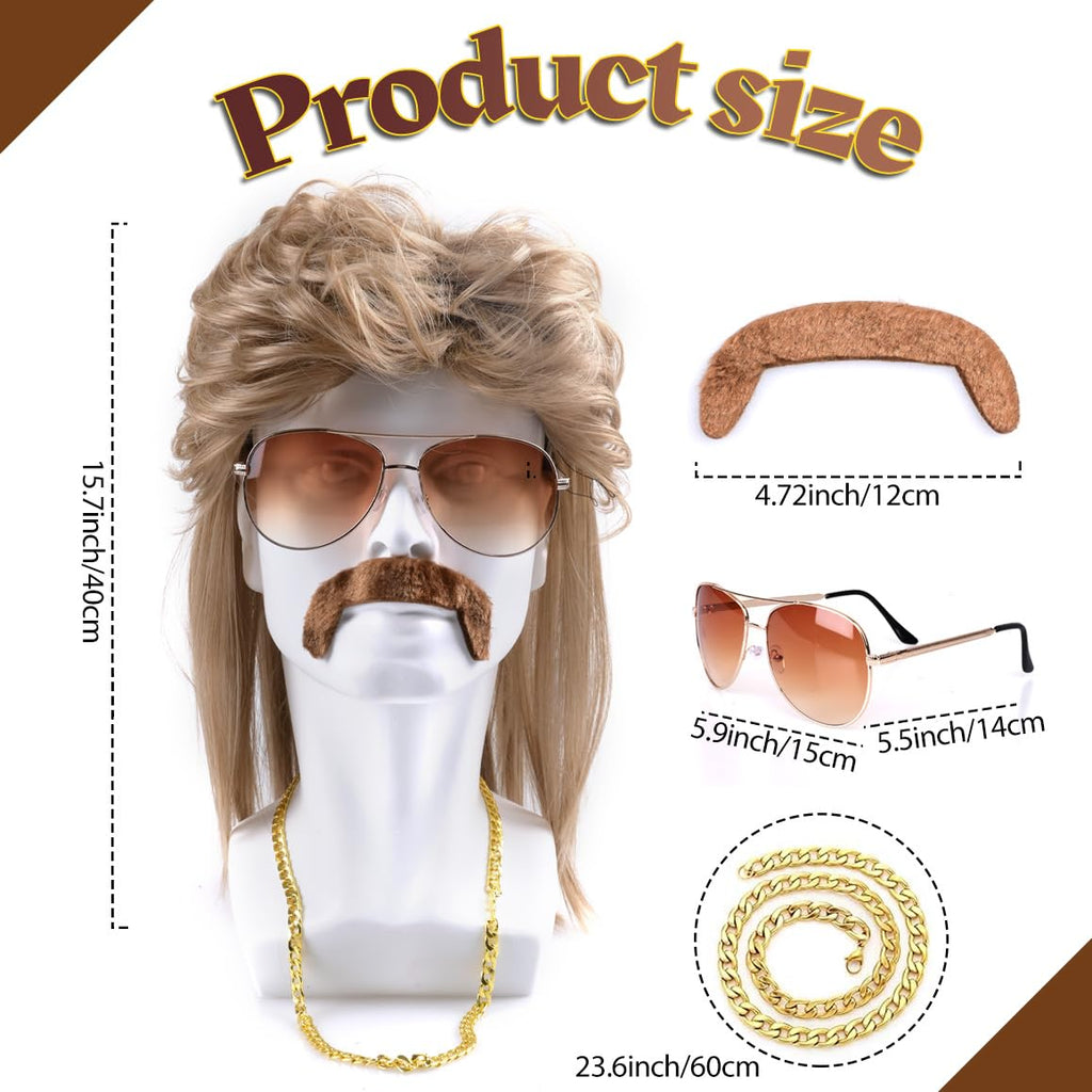 80s Mullet Wig Sunglass Necklace Moustache Halloween Costume for Men