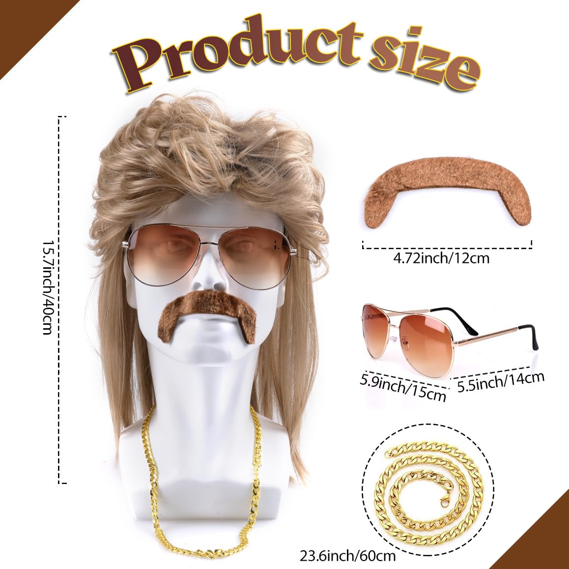 80s Mullet Wig Sunglass Necklace Moustache Halloween Costume for Men