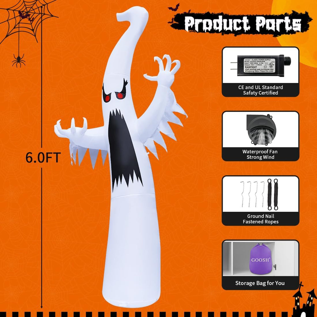 6 FT Halloween Inflatables Blow Up Scary Red Eye Dimming Ghost 