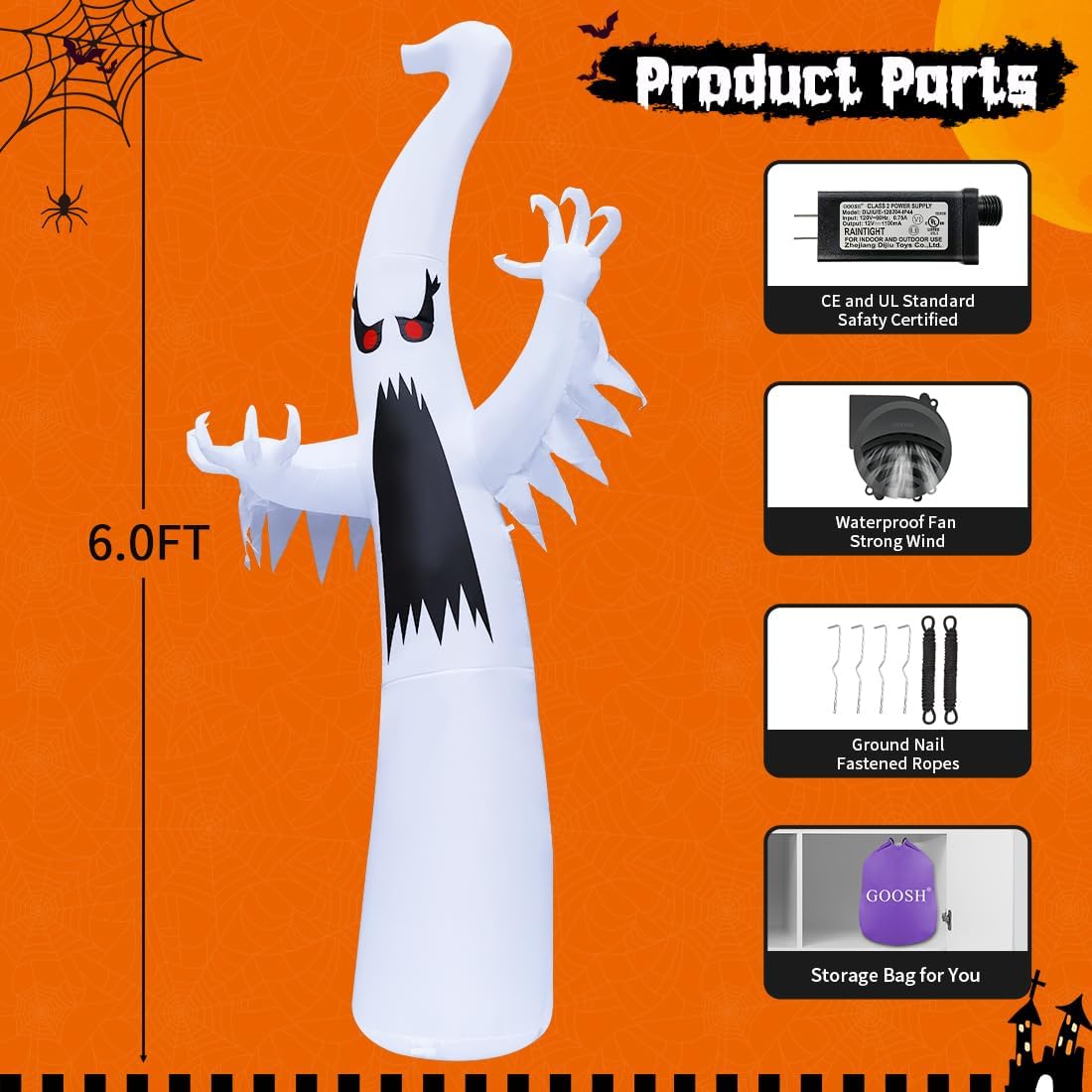 6 FT Halloween Inflatables Blow Up Scary Red Eye Dimming Ghost 