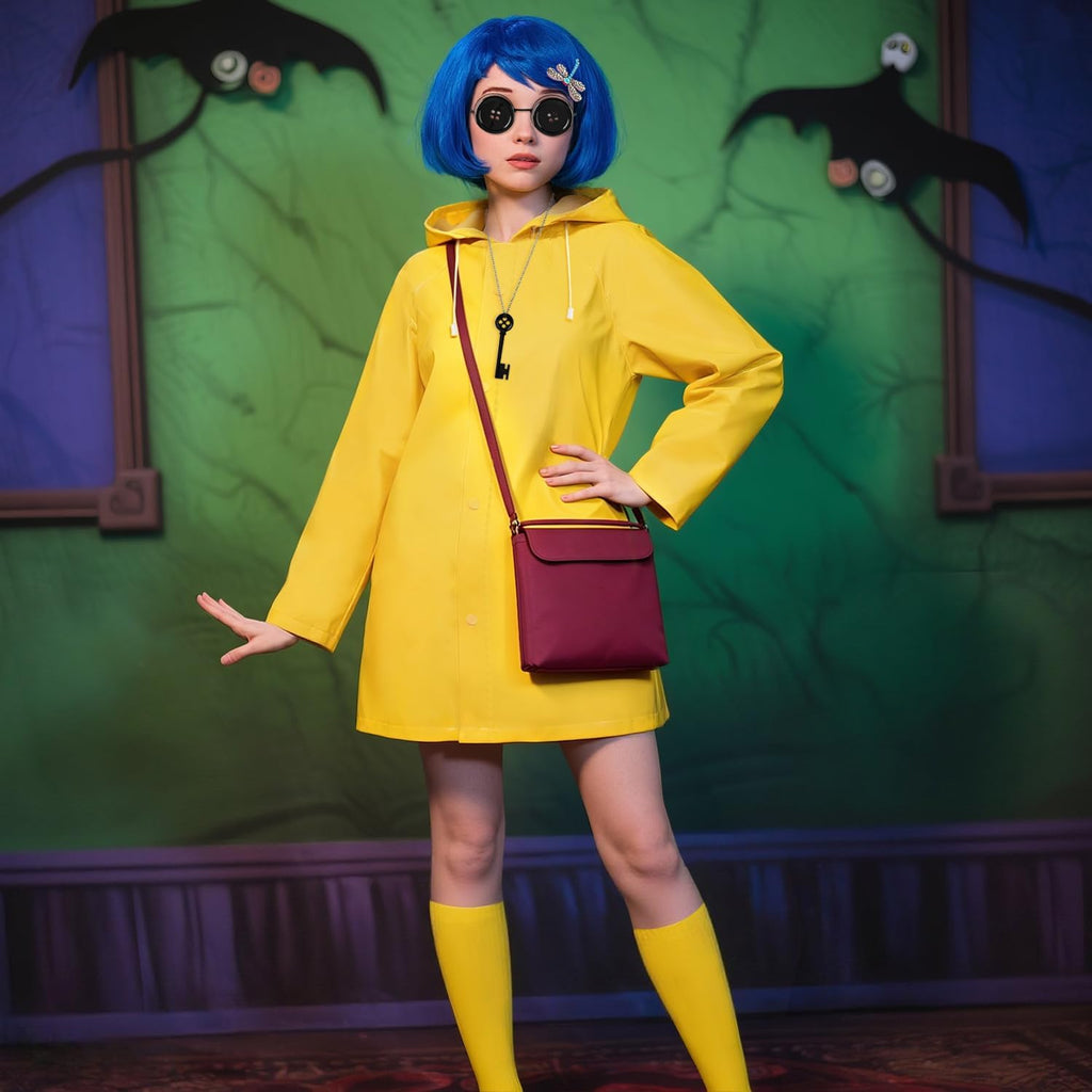 Mystical Adventure Costume Set with Blue Wig, Yellow Coat,Crossbody Bag, Glasses and Hat