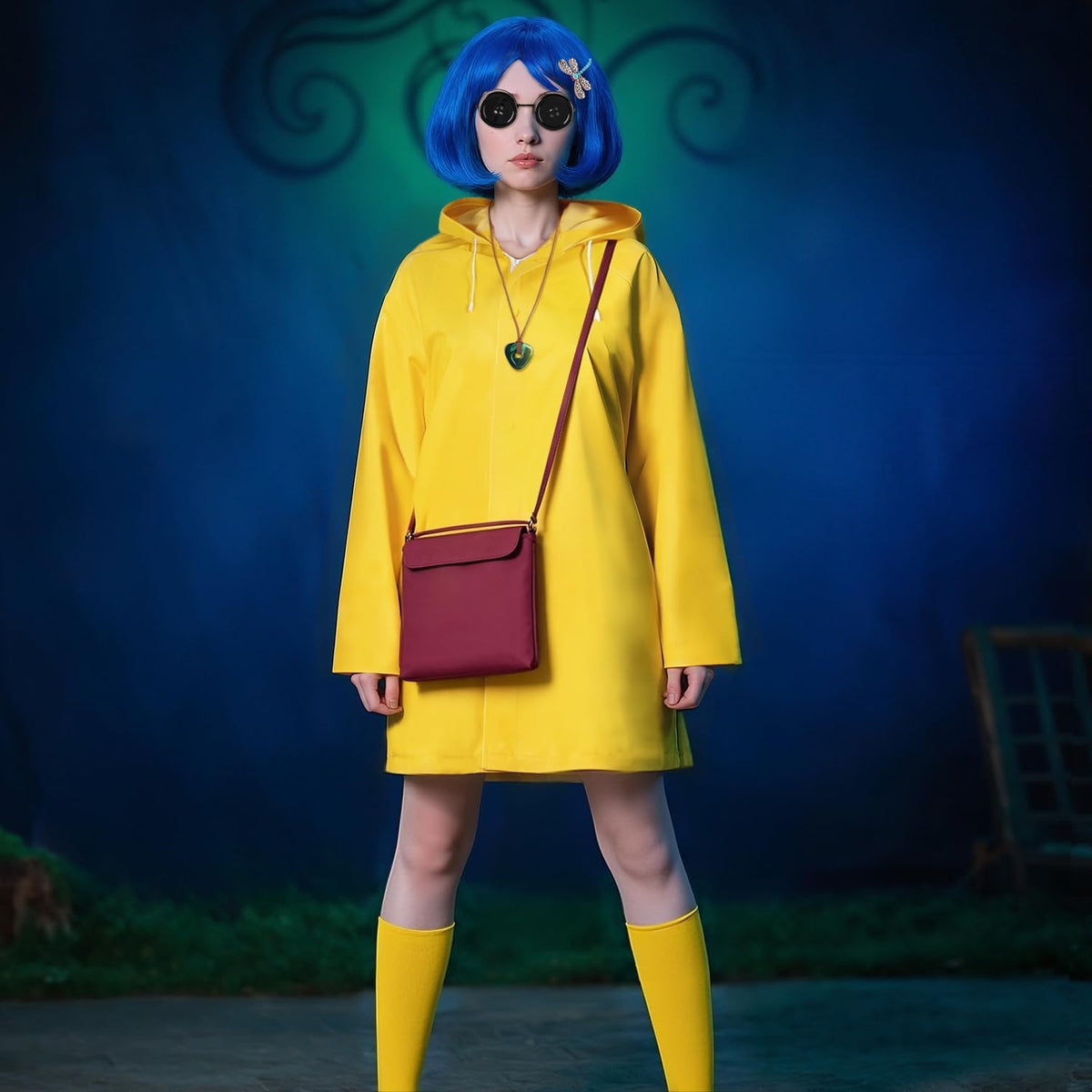 Mystical Adventure Costume Set with Blue Wig, Yellow Coat,Crossbody Bag, Glasses and Hat