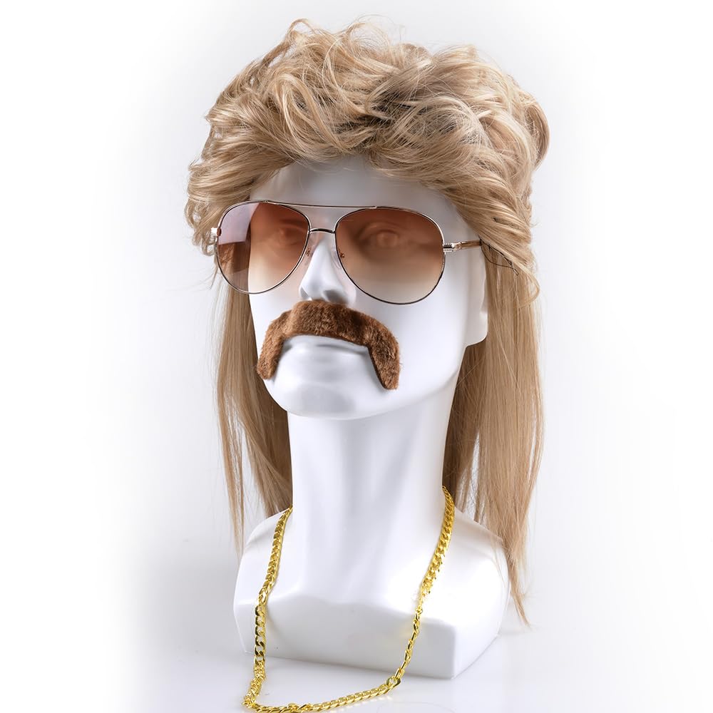 80s Mullet Wig Sunglass Necklace Moustache Halloween Costume for Men