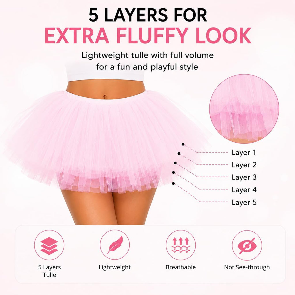 Halloween Pink Women 5 Layers Tutu Fluffy Dance Ballet Bubble Skirt 