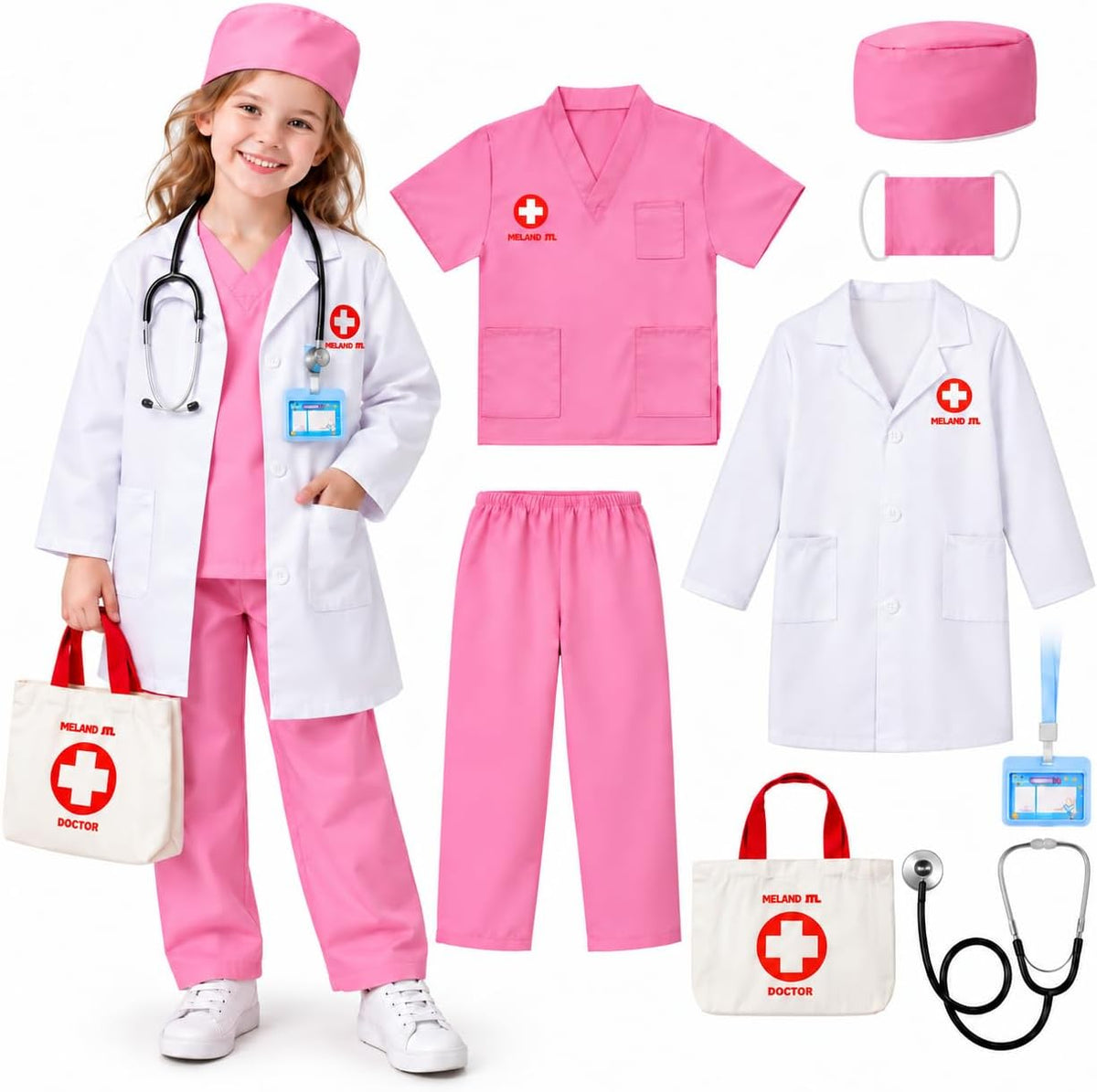 Doctor Costume for Kids Pretend Play Career Dress Up with Bag Age 5-6