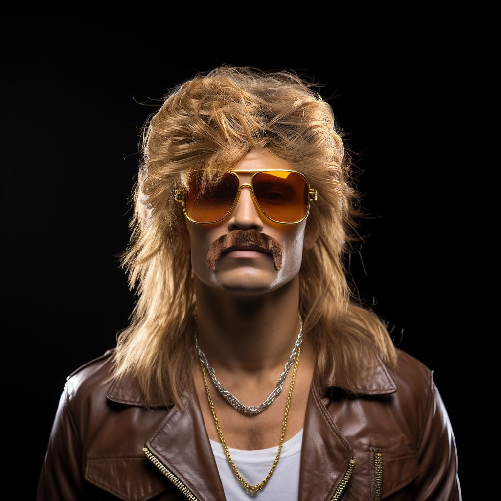 80s Mullet Wig Sunglass Necklace Moustache Halloween Costume for Men