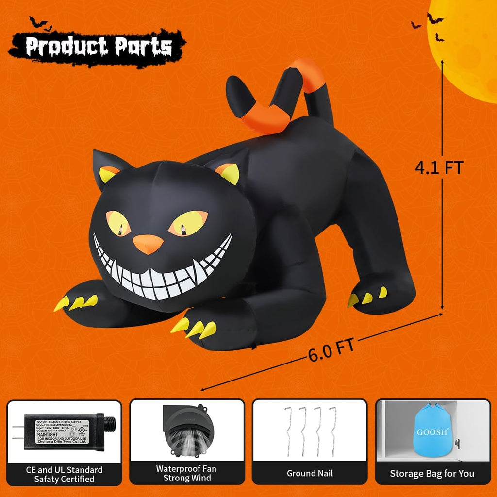 6 FT Halloween Inflatables Outdoor Black Cat with Shakable Head