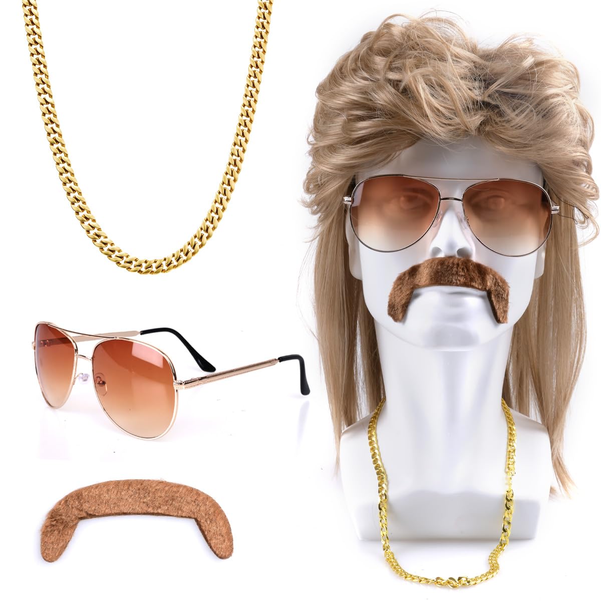 80s Mullet Wig Sunglass Necklace Moustache Halloween Costume for Men