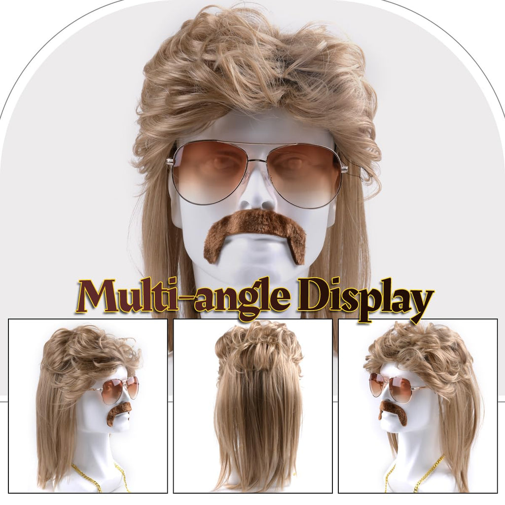 80s Mullet Wig Sunglass Necklace Moustache Halloween Costume for Men