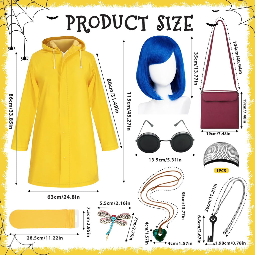 Mystical Adventure Costume Set with Blue Wig, Yellow Coat,Crossbody Bag, Glasses and Hat
