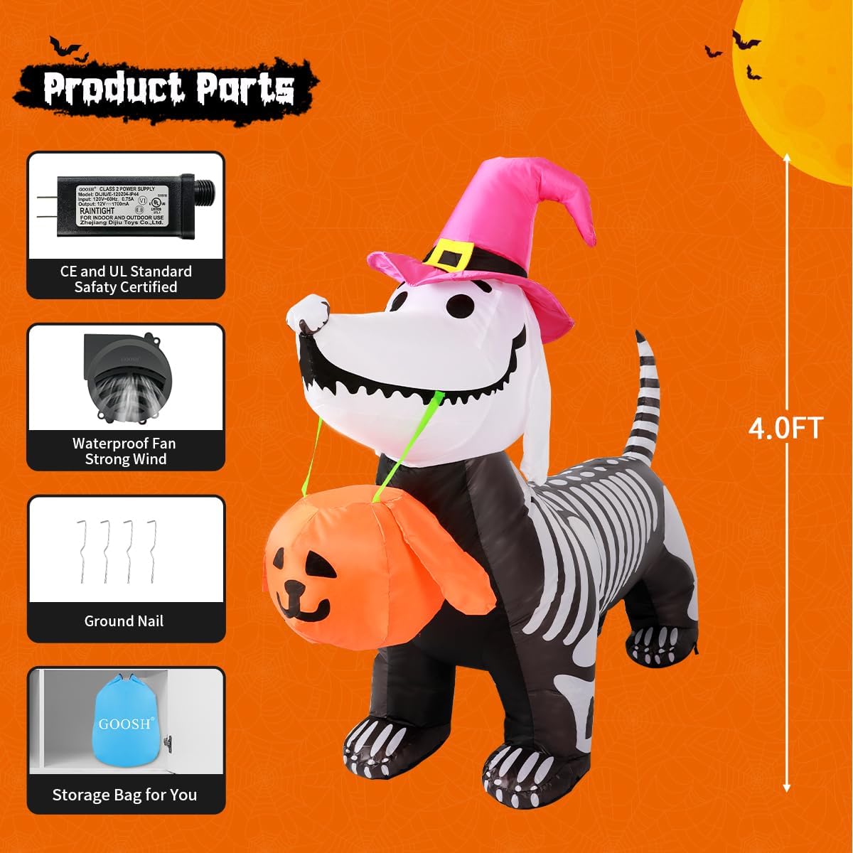 5.5 FT Halloween Inflatables Skeleton Puppy Inflatable Yard Decoration 