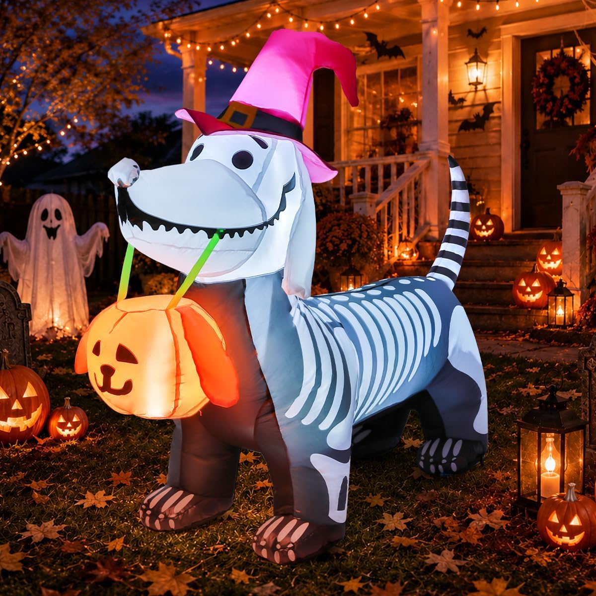 5.5 FT Halloween Inflatables Skeleton Puppy Inflatable Yard Decoration 