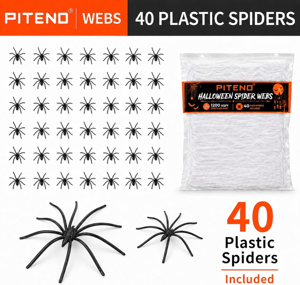 Halloween Spider Webs with 40 Fake Spiders  White