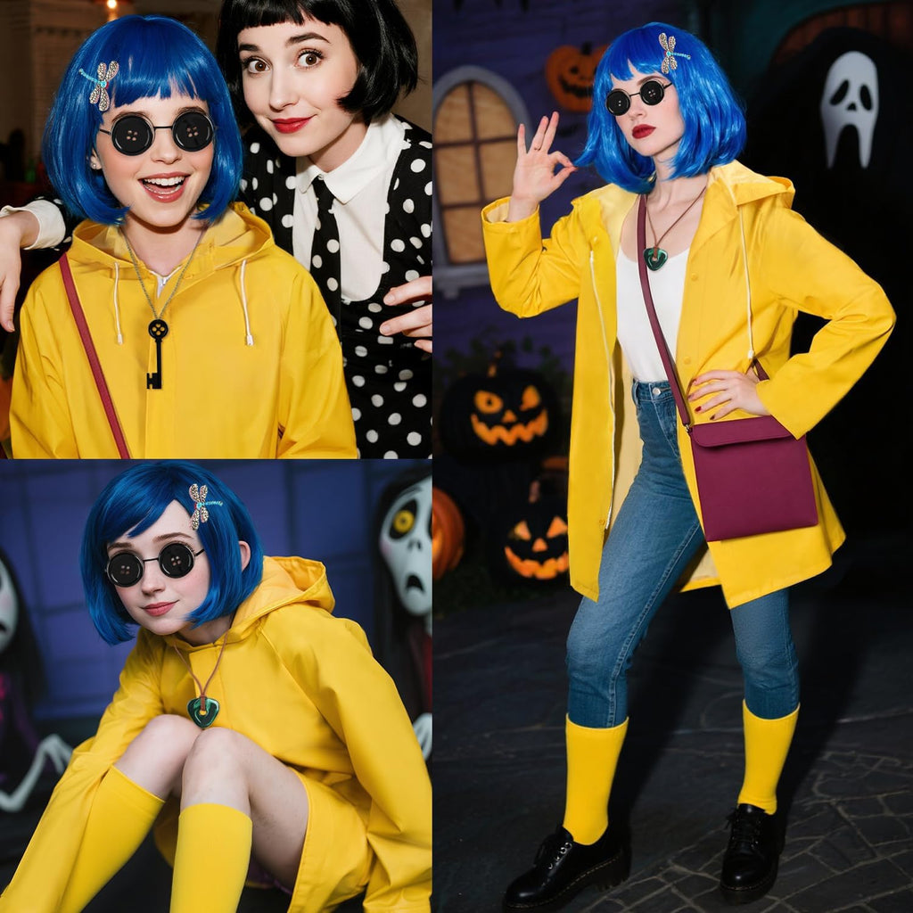 Mystical Adventure Costume Set with Blue Wig, Yellow Coat,Crossbody Bag, Glasses and Hat
