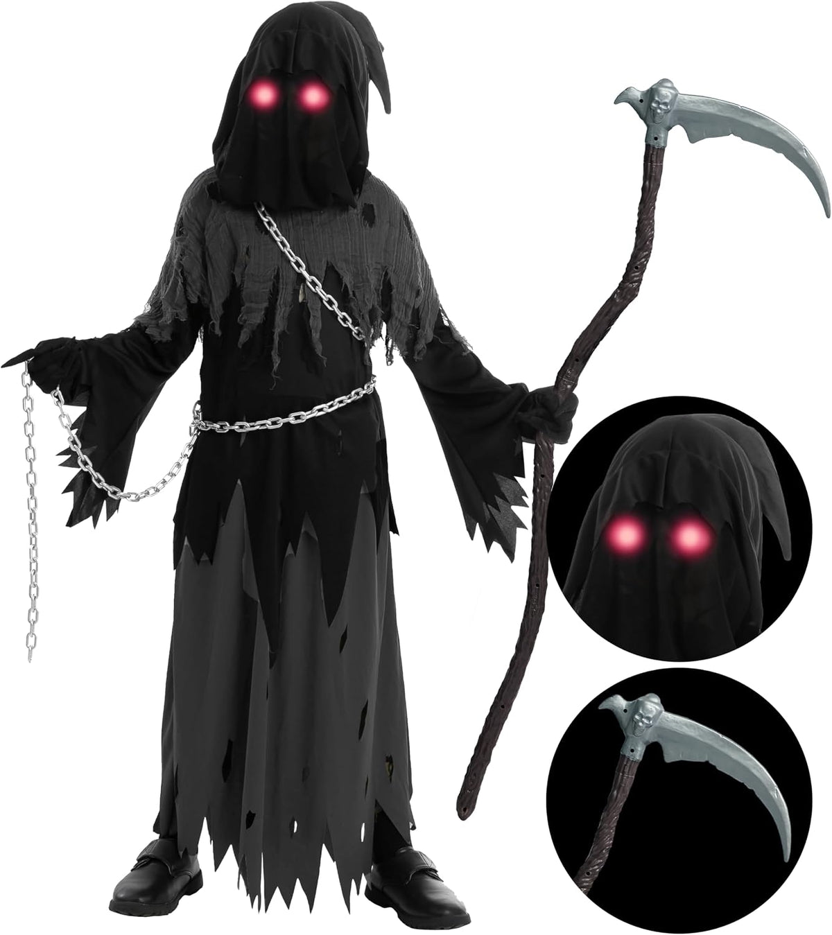 Glowing Eyes Grim Reaper Costume for Kids Medium