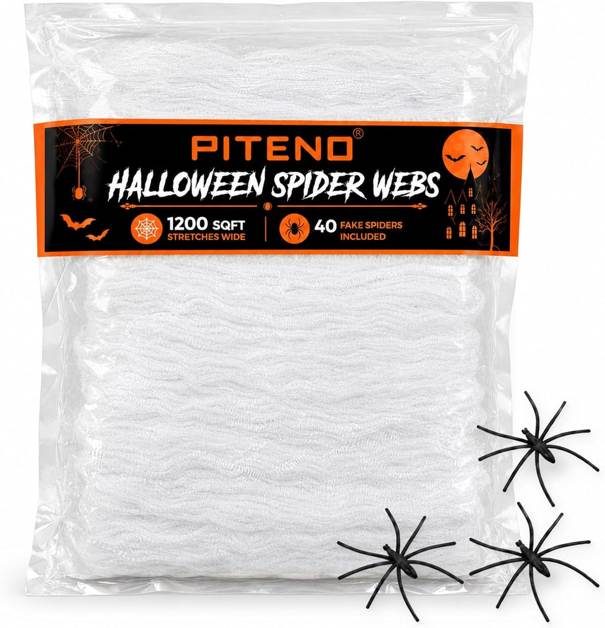 Halloween Spider Webs with 40 Fake Spiders  White