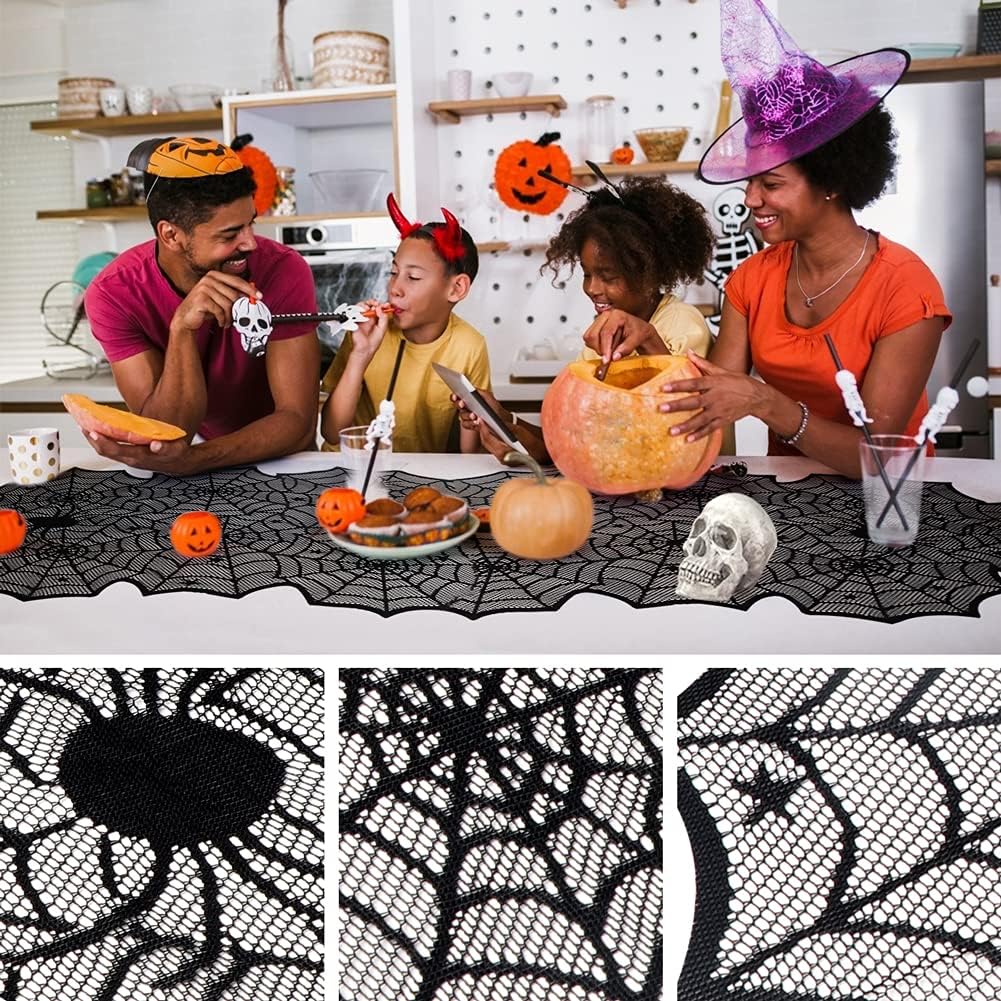 Halloween Lace Spider Web Table Runner Black 
