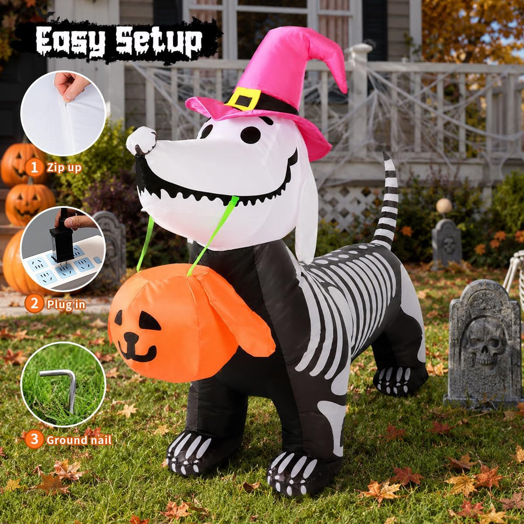 5.5 FT Halloween Inflatables Skeleton Puppy Inflatable Yard Decoration 