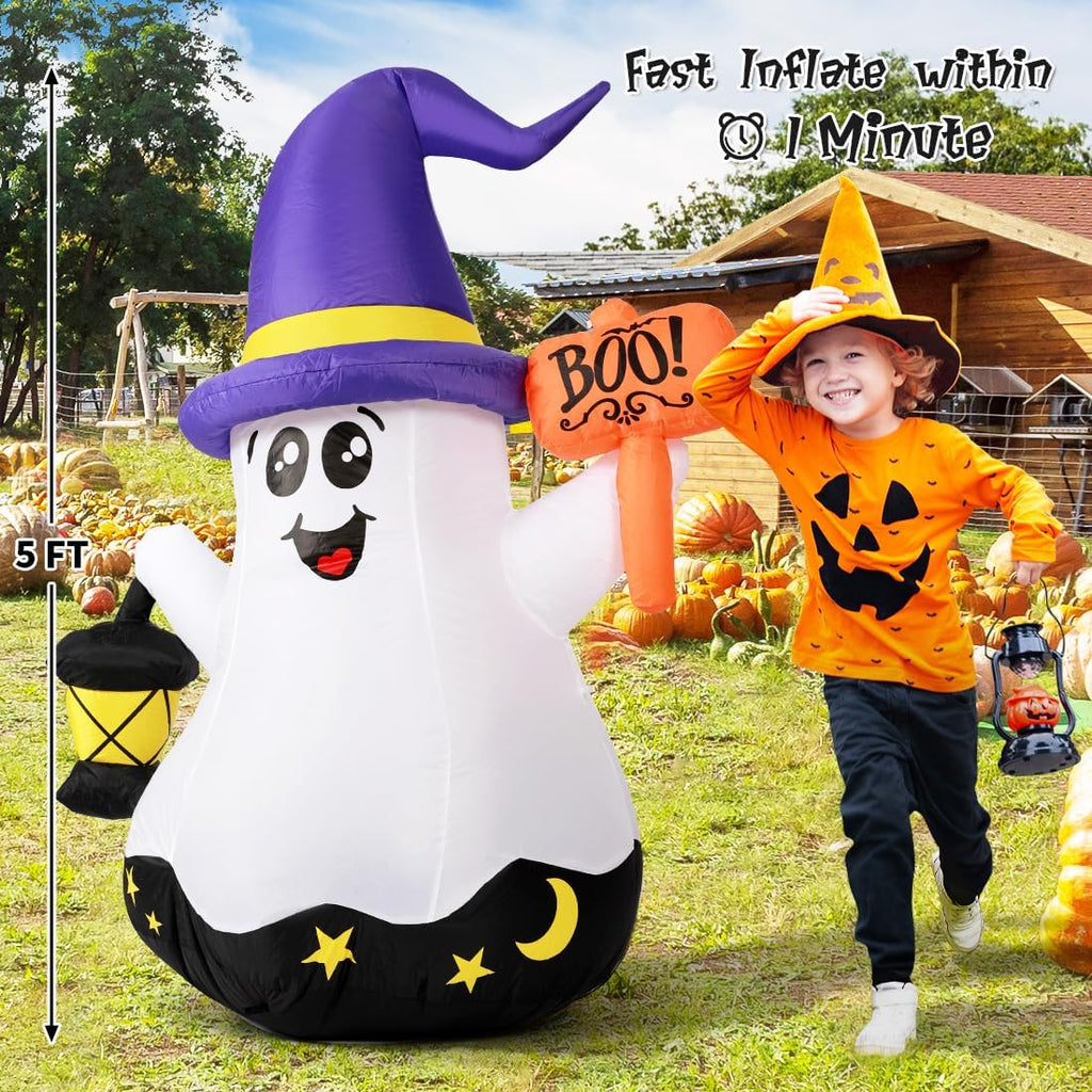 5 FT Halloween Inflatables Blow Up Cute Wizard Ghost 
