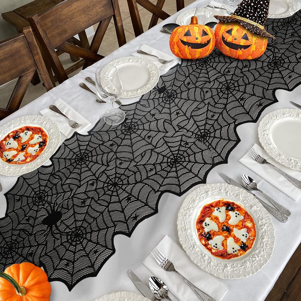 Halloween Lace Spider Web Table Runner Black 