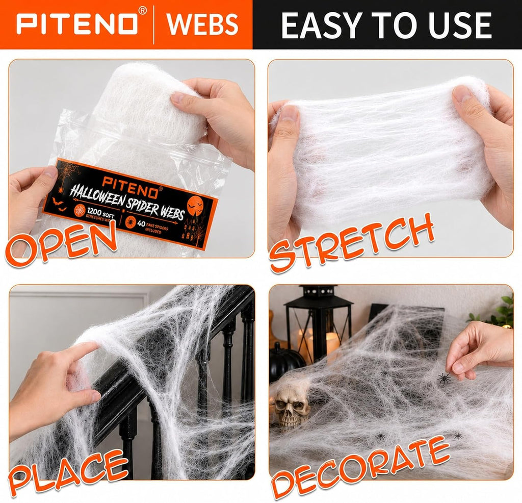 Halloween Spider Webs with 40 Fake Spiders  White