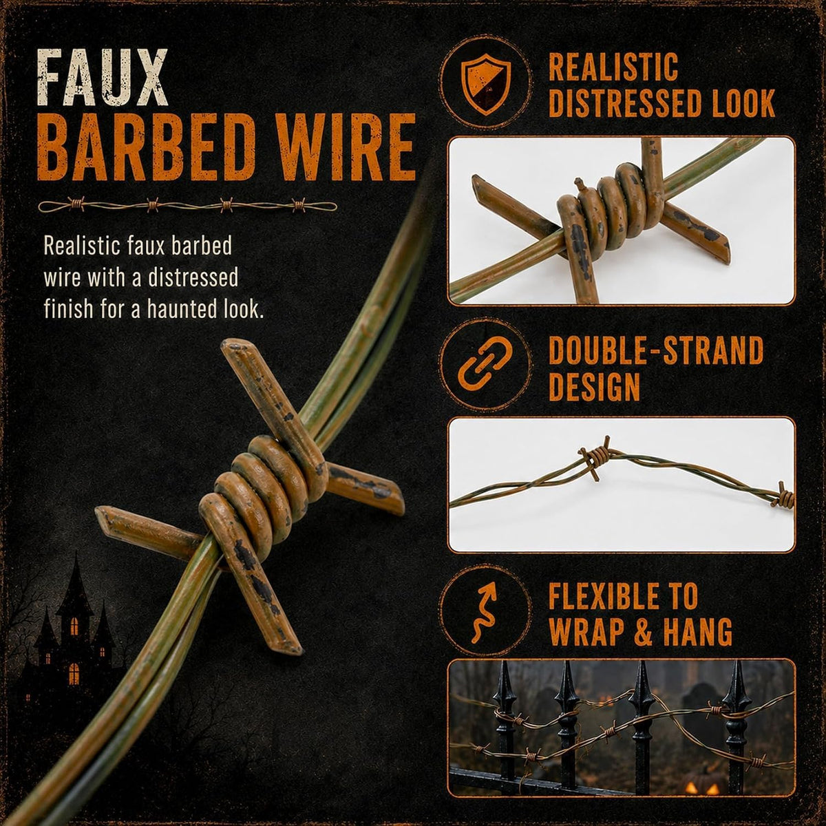 3 Pack Halloween Rusted Fake Plastic Barbed Wire Brown