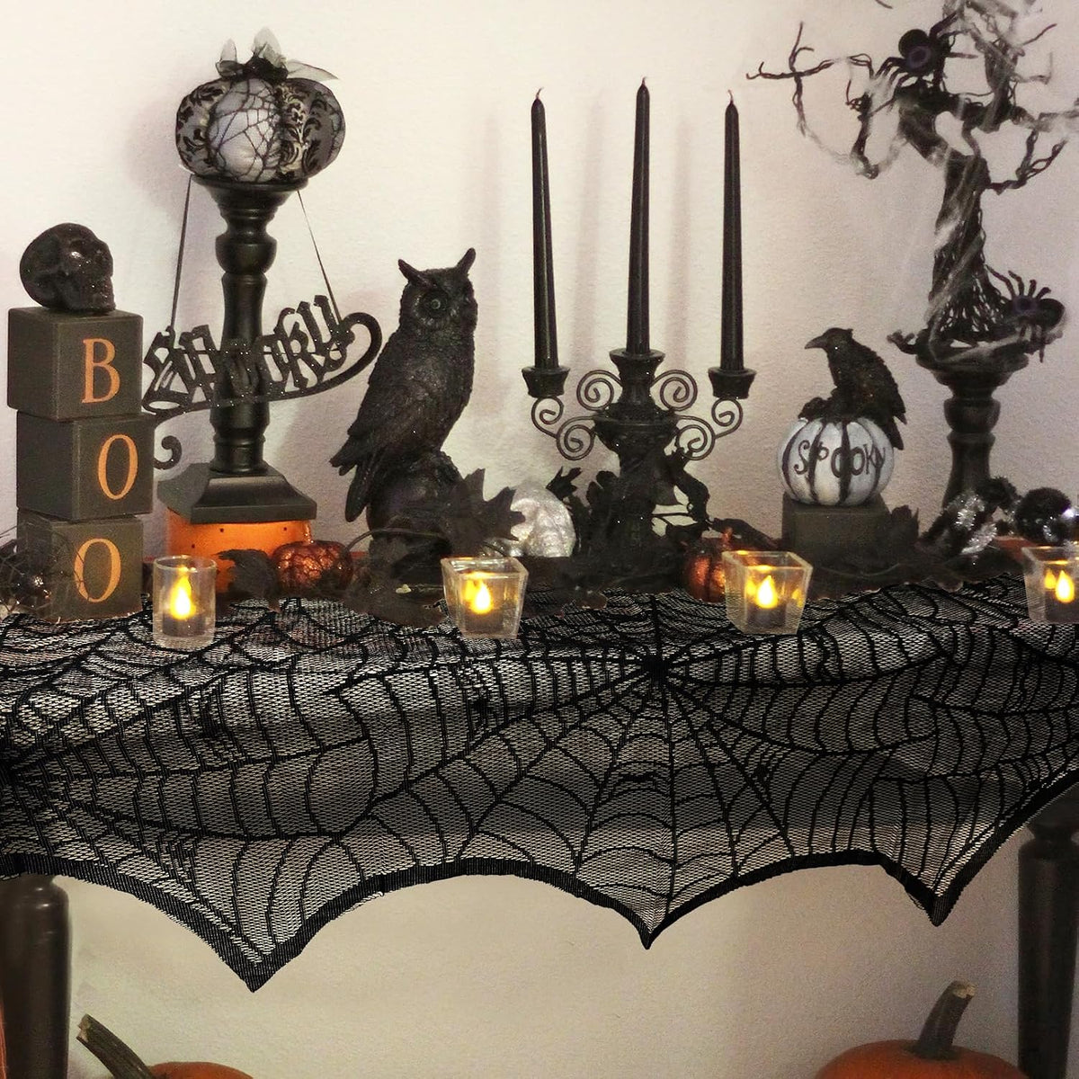 Black Lace Spiderweb Fireplace Mantle Scarf Cover 