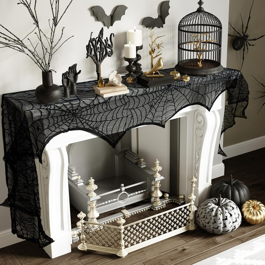 Black Lace Spiderweb Fireplace Mantle Scarf Cover 