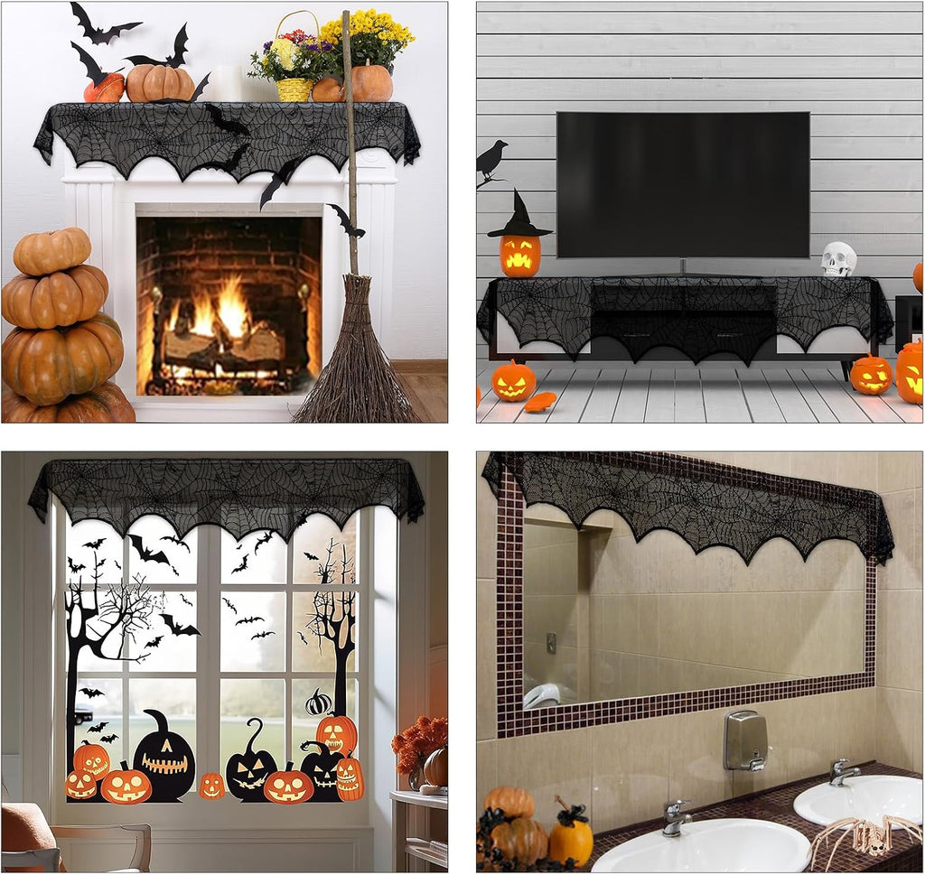 Black Lace Spiderweb Fireplace Mantle Scarf Cover 
