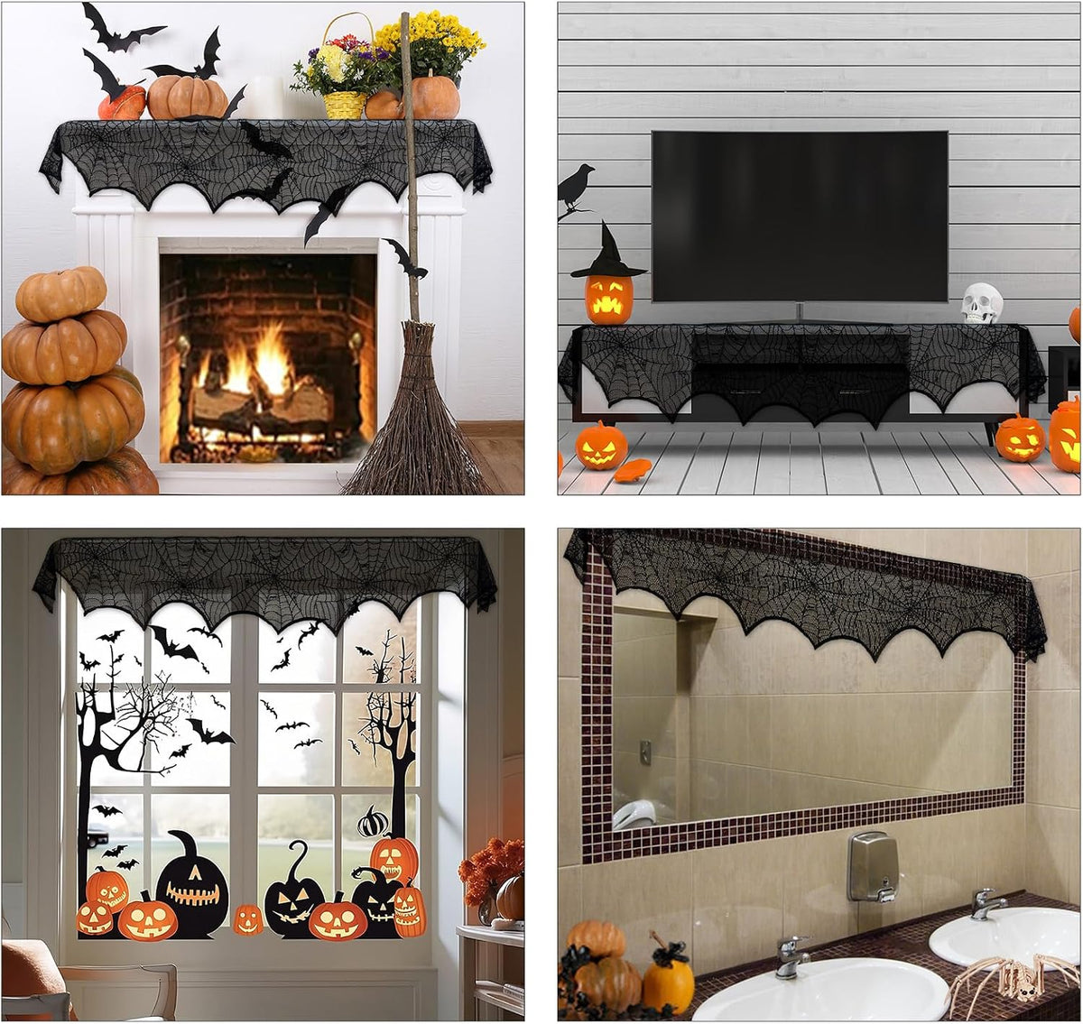 Black Lace Spiderweb Fireplace Mantle Scarf Cover 