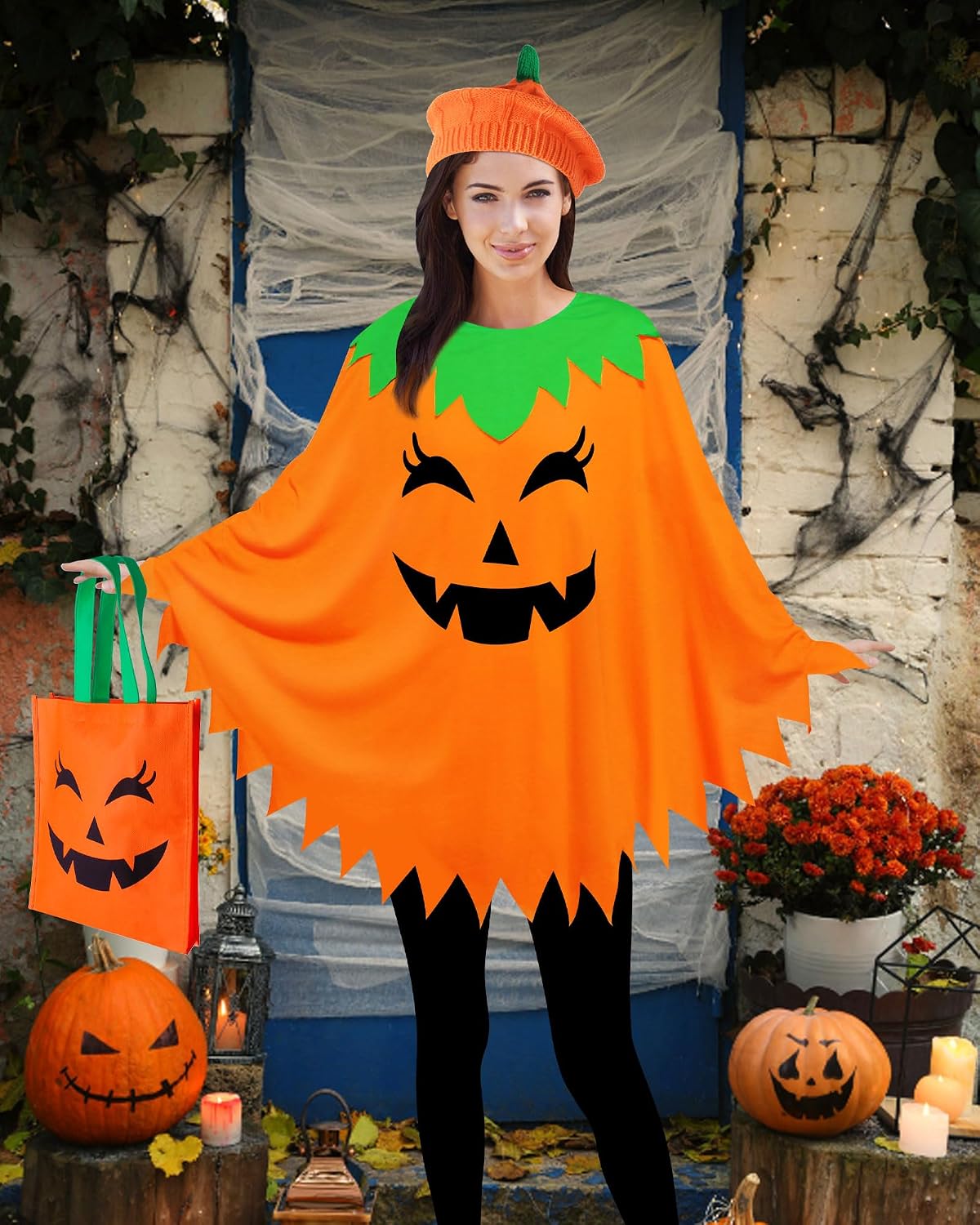 Halloween Women Pumpkin Poncho Costume Set