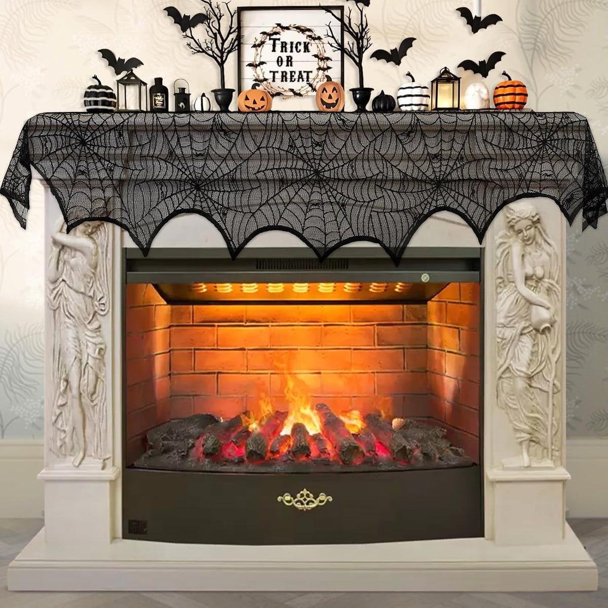 Black Lace Spiderweb Fireplace Mantle Scarf Cover 