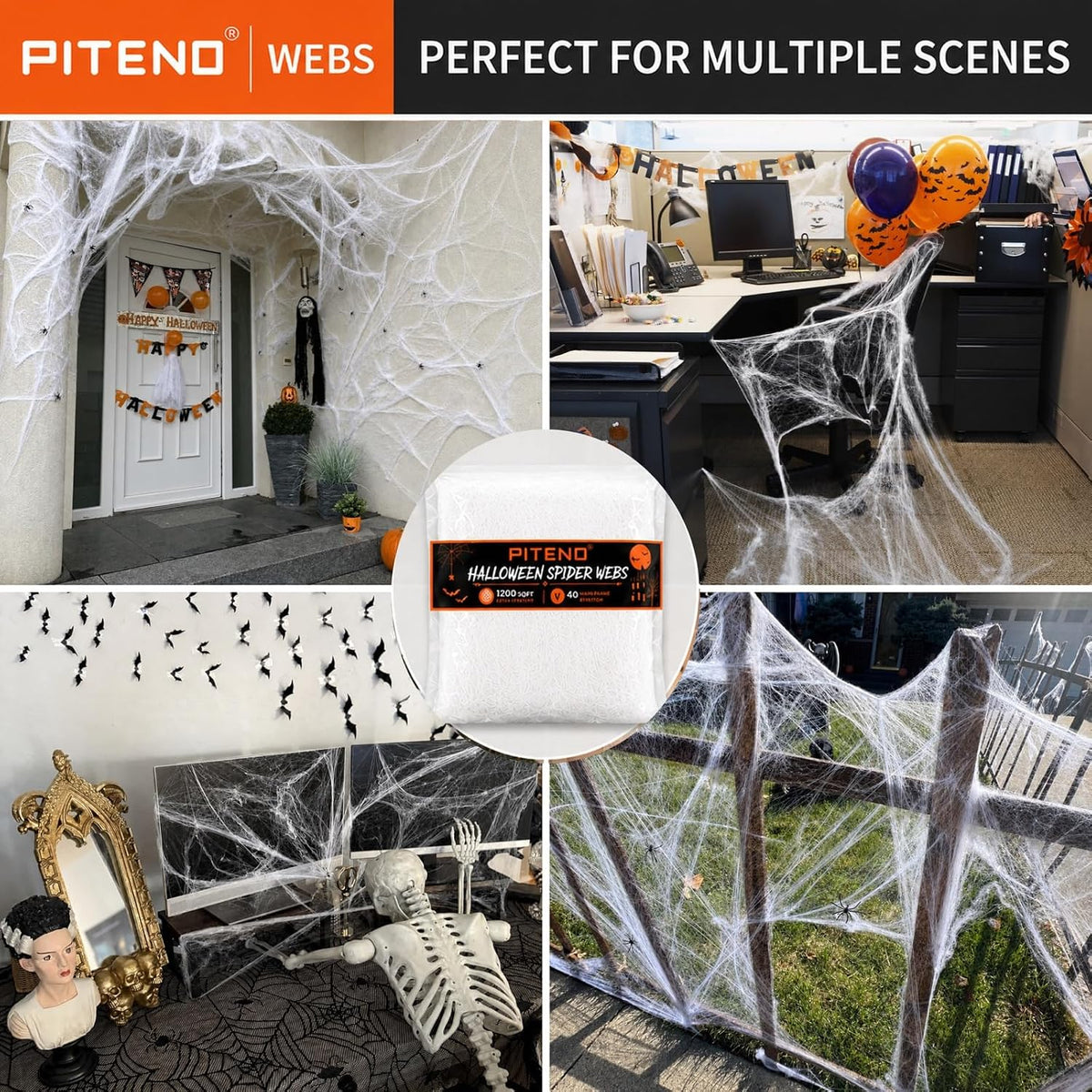 Halloween Spider Webs with 40 Fake Spiders  White