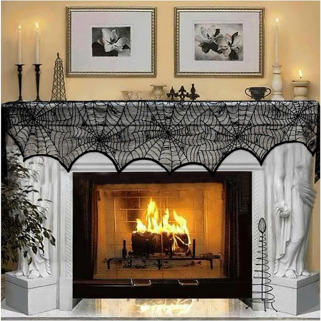 Black Lace Spiderweb Fireplace Mantle Scarf Cover 