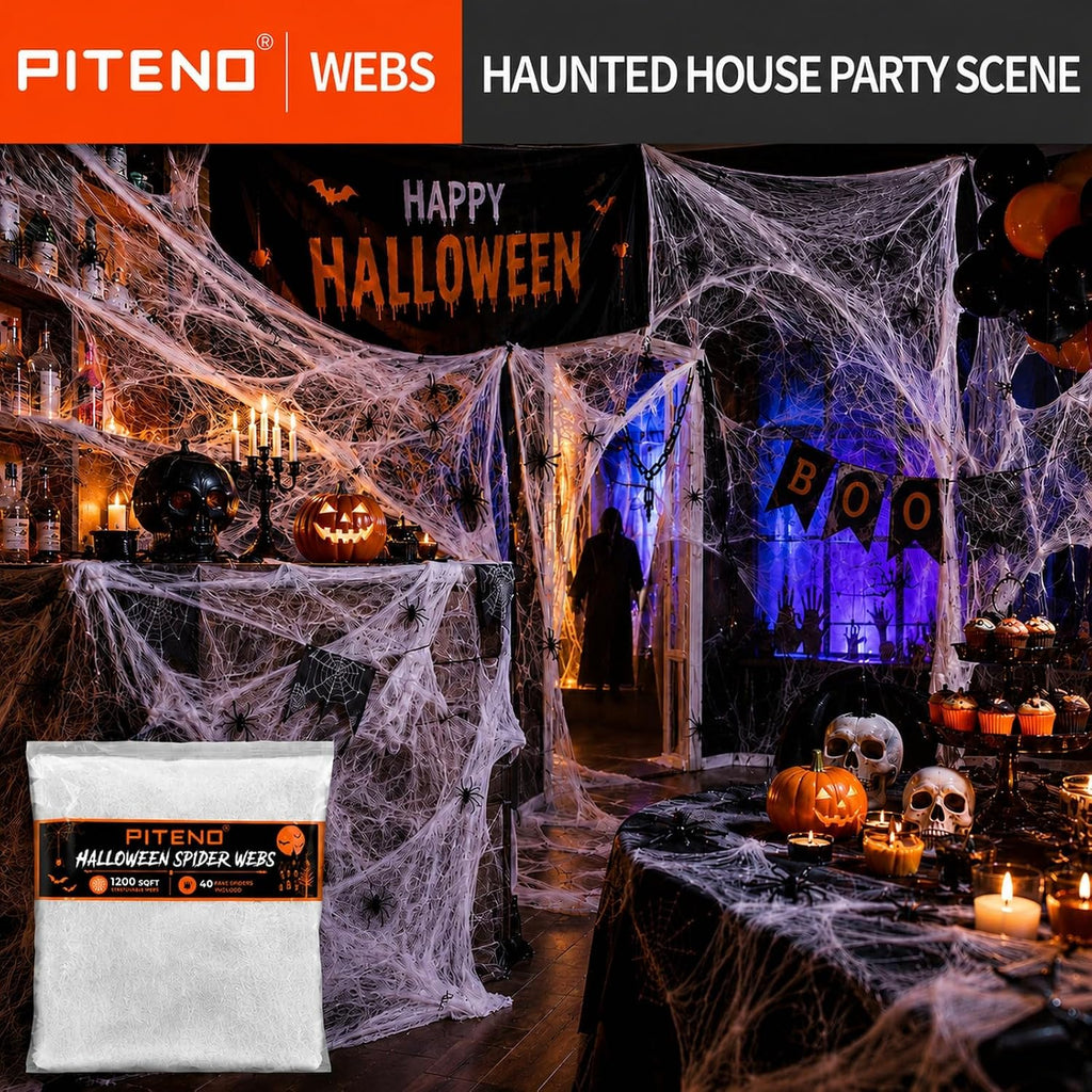 Halloween Spider Webs with 40 Fake Spiders  White
