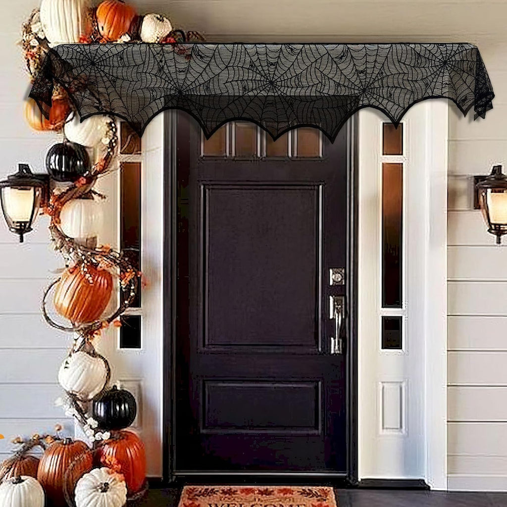 Black Lace Spiderweb Fireplace Mantle Scarf Cover 