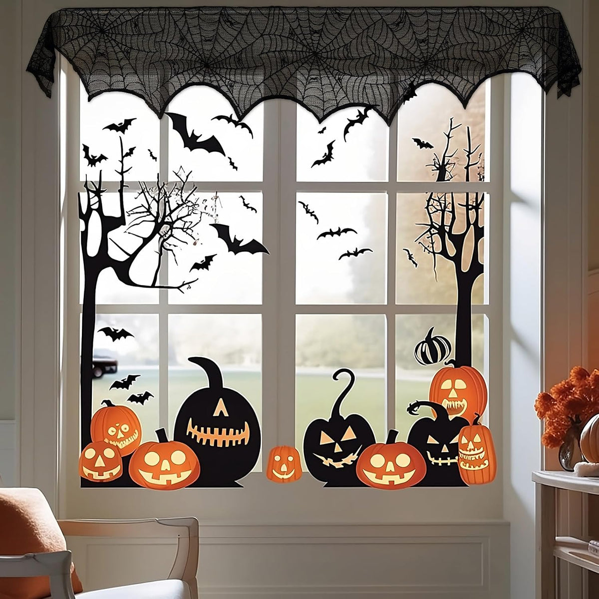 Black Lace Spiderweb Fireplace Mantle Scarf Cover 