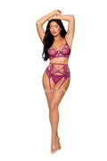 Dreamgirl Pink Dahlia Floral Lace Bra, Garter Belt & G-String