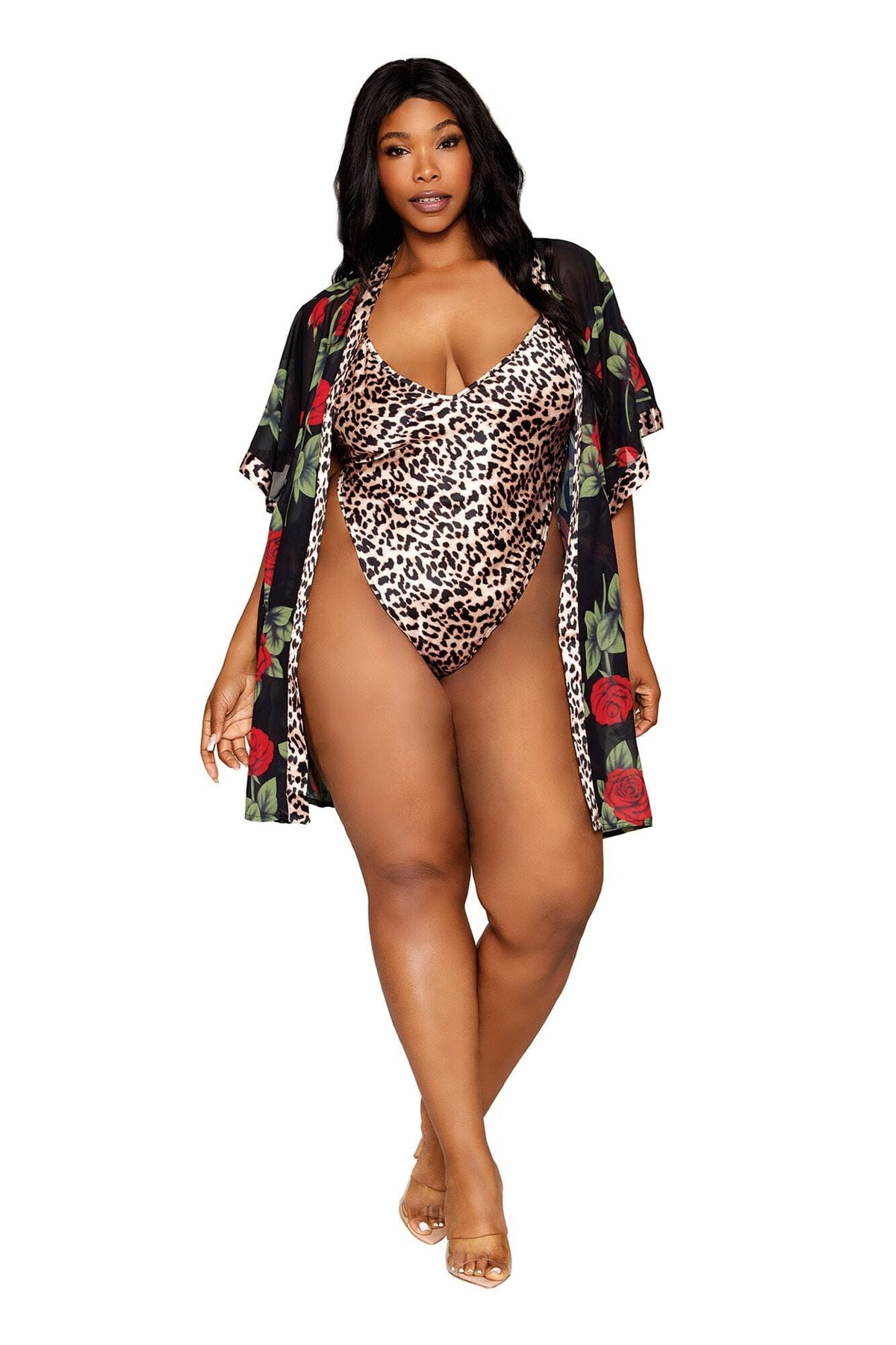 Dreamgirl Plus Rose Print Chiffon Robe with Leopard Print Satin Teddy Set